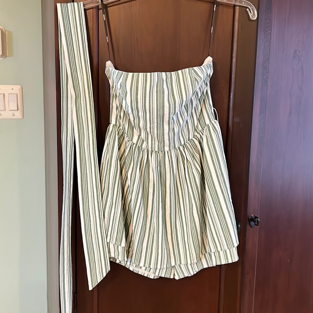 Forever 21 Green and White Striped Strapless Jumpsuit with Sash